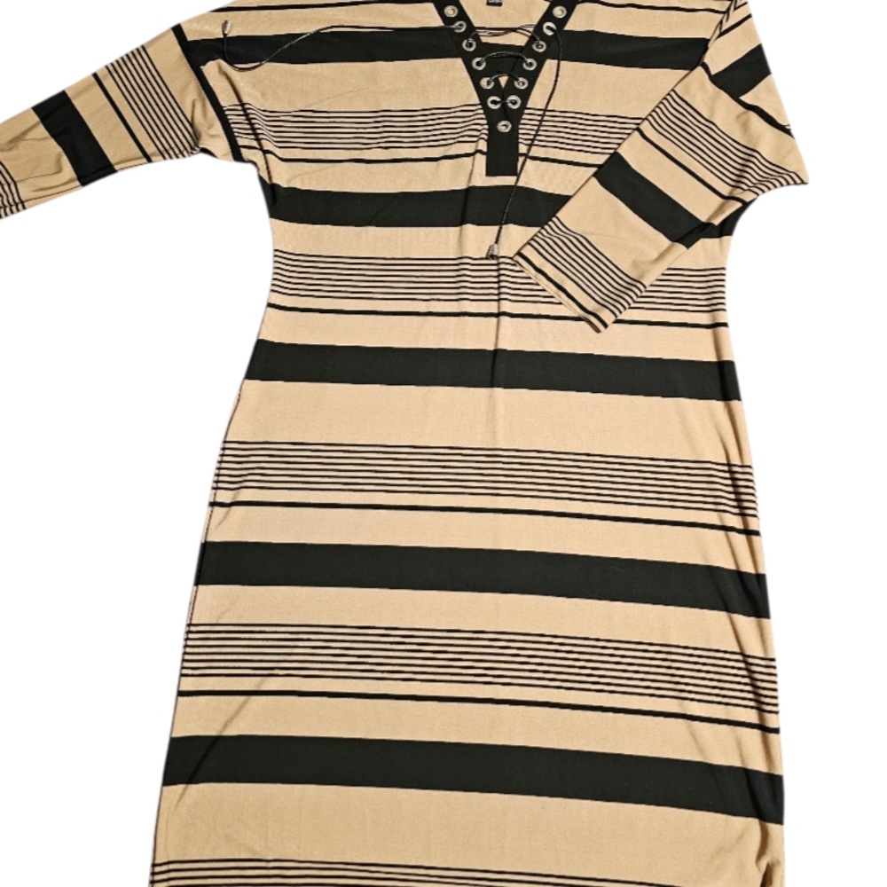 Madison Leigh Black and Tan Striped Long Sleeve Dress - Picture 2 of 7